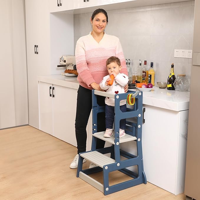 SDADI Adjustable Height Kids Kitchen Step Stool with Removable Safety Rails and Anti-Slip Protection- Toddler Standing Tower with with Ring Toss for Learning and Playing (Blue and Light Grey)