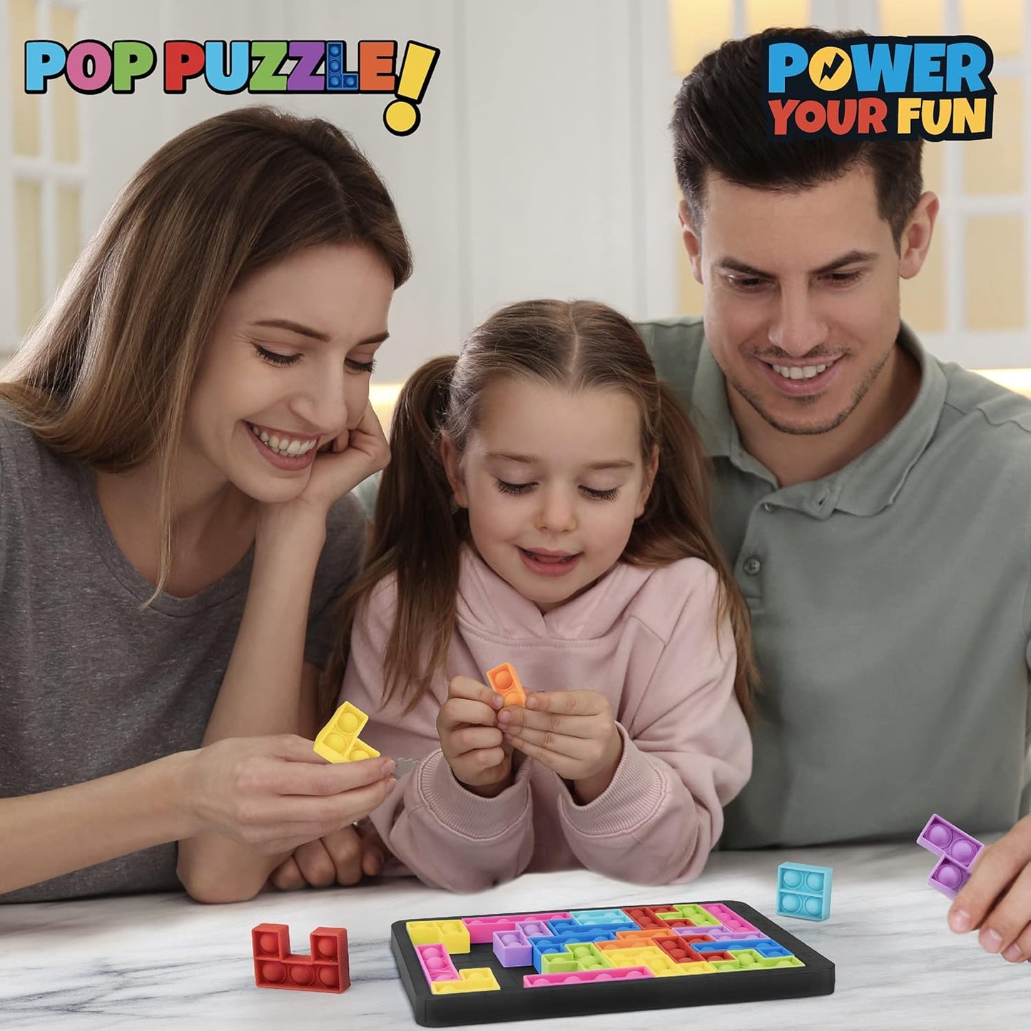 Power Your Fun Pop Puzzle Popper Fidget Game - 27pc Jigsaw Puzzle Game Pop Push It Bubble Sensory Fidget Toys for Learning, Stress Relief Silicone Pop Puzzle Game Board for Kids and Adults (Black)
