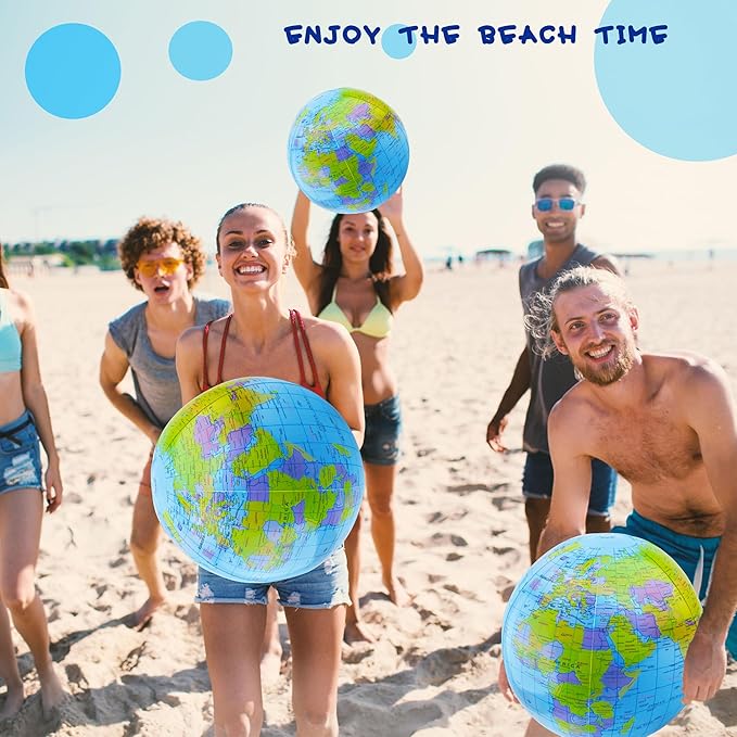 12 Pack 16 inches Inflatable Globe Blow up World Globe PVC Earth Beach Ball Globe for Kids Party Bags Swimming Pool Game Geography Classroom Playing or Teaching Party Favors Decorations