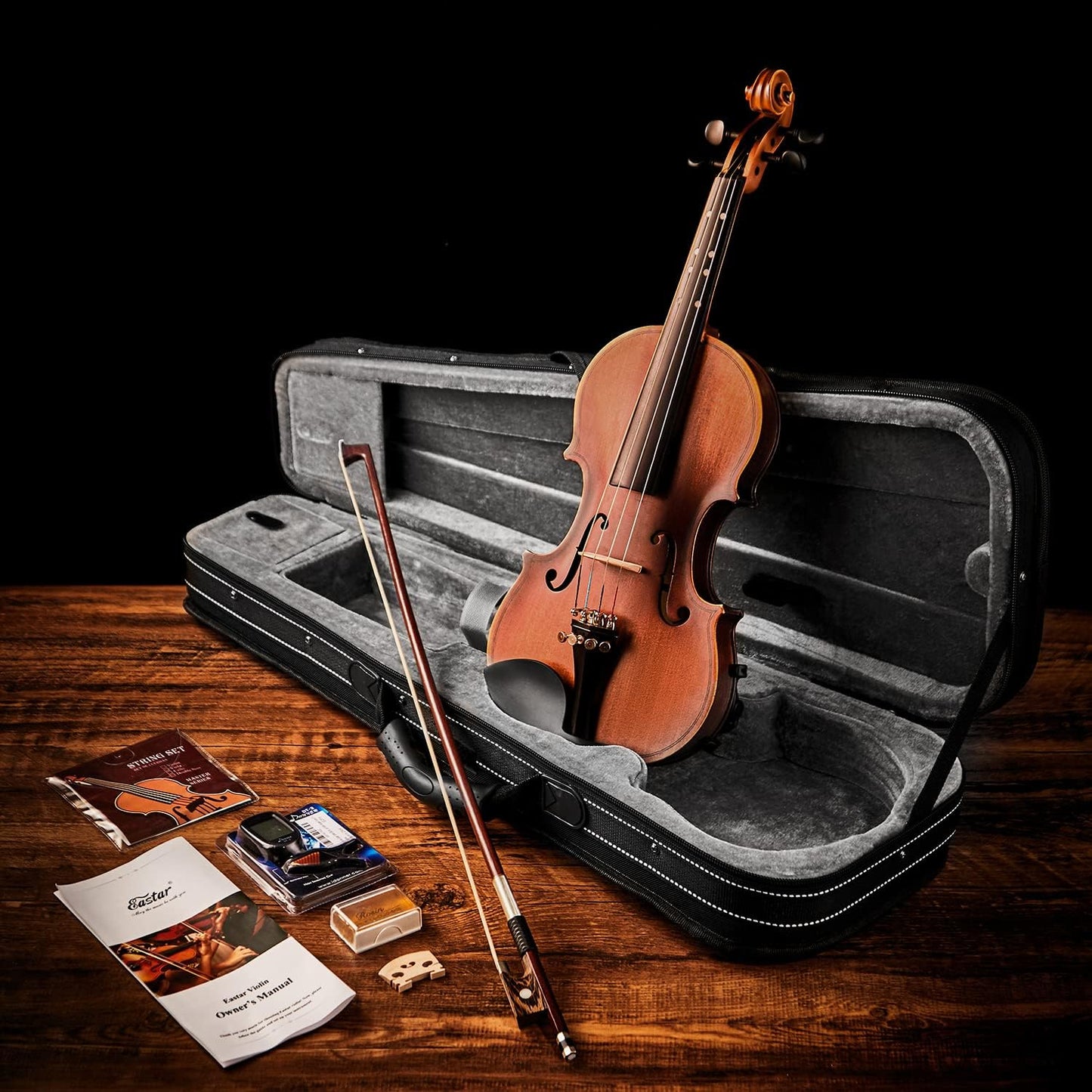 Eastar 4/4 Full Size Violin Set Matte Fiddle for Beginners Adults with Hard Case, Rosin, Shoulder Rest, Bow, Tuner and Extra Strings (Imprinted Finger Guide on Fingerboard), EVA-3