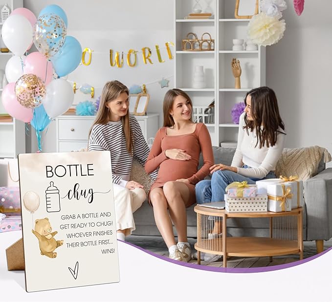 Baby Shower Games Bottle Chug Sign-8x11 Inches Little Bear Wooden Sign Baby Gift for Baby Shower Gender Reveal Party, Gender Neutral Baby Bottle Shower Party Games Favors Supplies-6