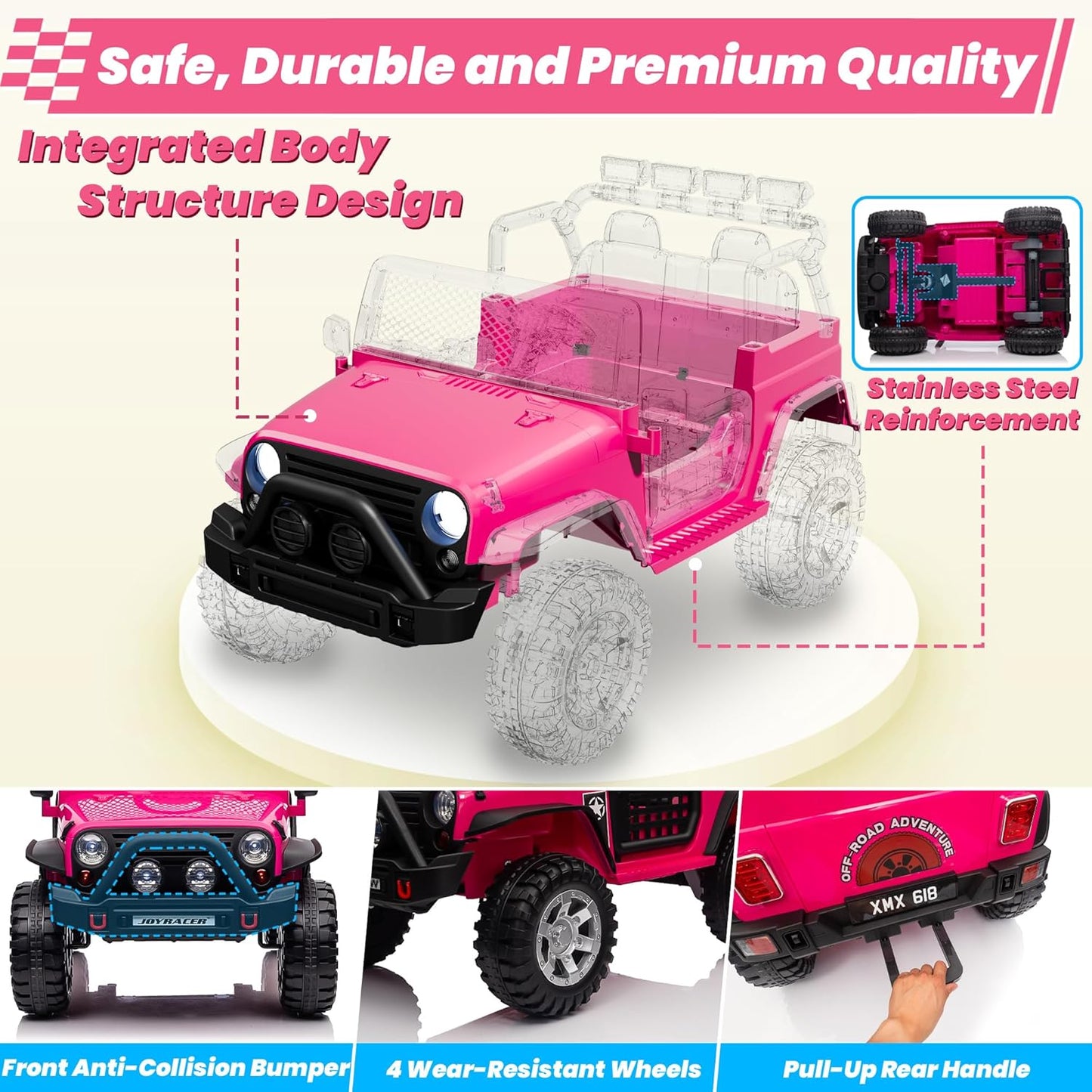 24V 4WD Ride on Truck Car w/800W Motors, Gift Flower, Remote Control, 2 Seaters, Light Bar, 3 Speeds, Pop Music, Power Four Wheels, 24 Volt Ride on Toy Car for Big Kids, Rose Red