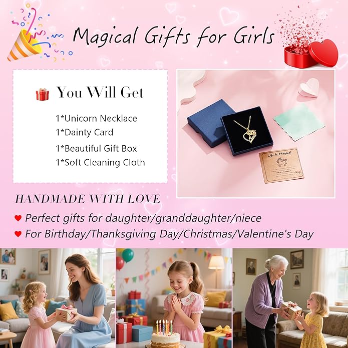 Unicorn Necklaces for Teen Girls Kids - Colorful CZ 18K Gold Plated Heart Initial Necklaces for Women Gold Jewelry Birthday Unicorn Gifts for Girls 6-8 Women
