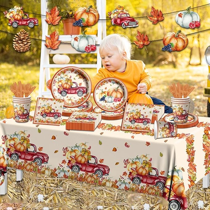 142Pcs Fall Party Plates and Napkins Party Supplies, Autumn Pumpkin Leaves Tableware Set with Cups,Banner,Pumpkin Tablecloth for Fall Harvest Party Thanksgiving Dinner Party Decorations, Serves 20