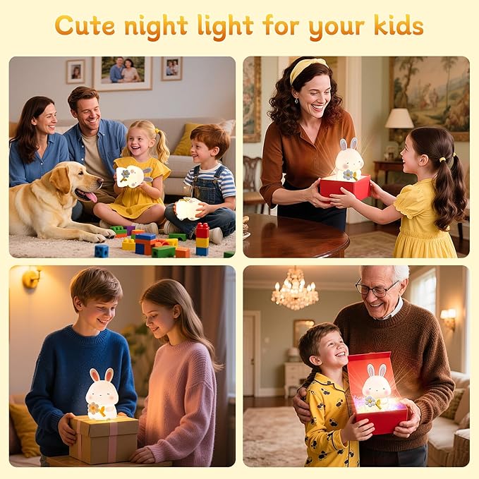 Bunny Night Light for Kids, Cute Rabbit Soft Silicone Lamp, Baby Nursery Nightlight, Touch Dimmable, 1200mah Battery, Kawaii Stuff Home Decor, Christmas Holiday Gift for Girl,Boy,Toddler