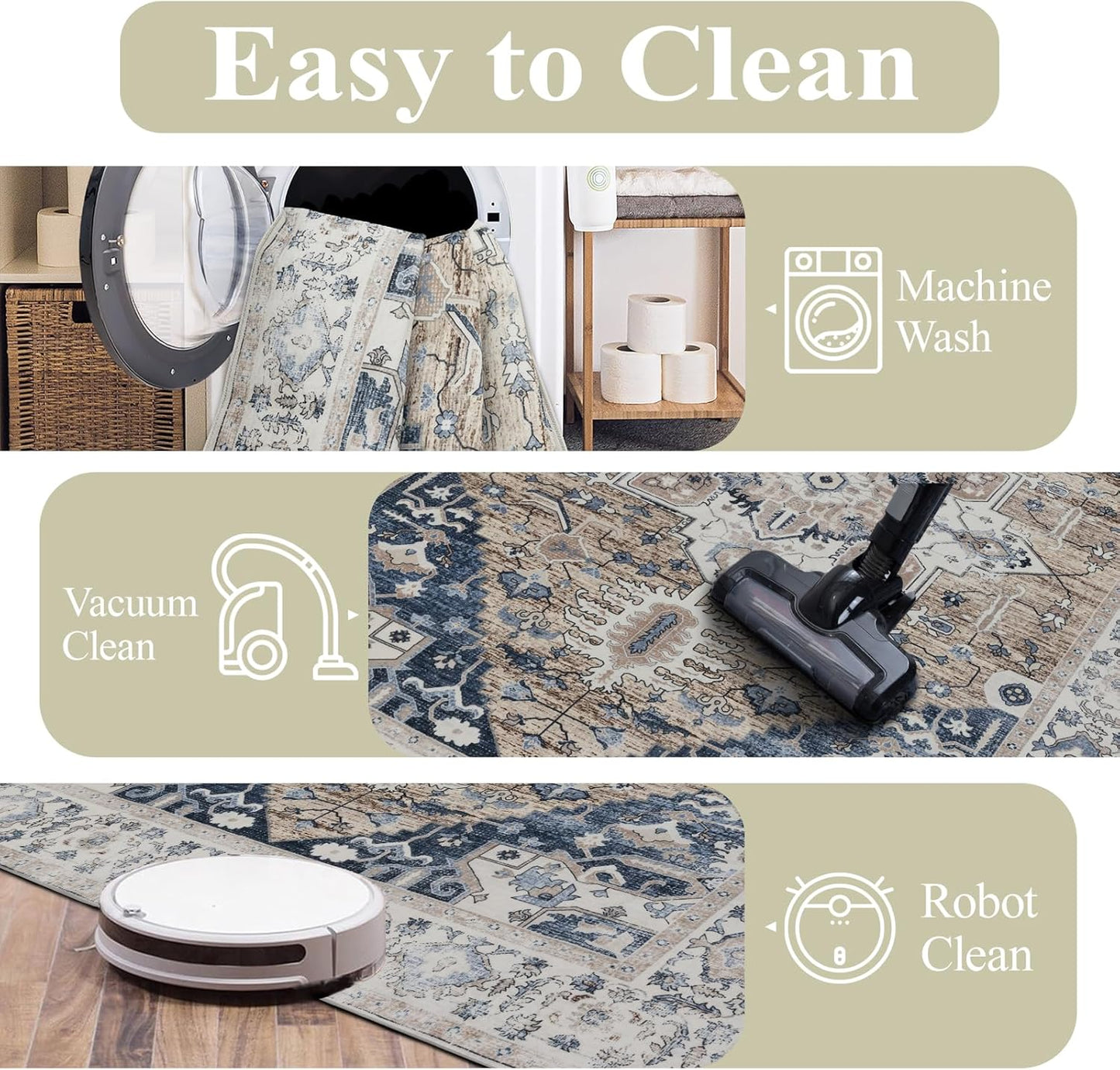 4x6 Washable Area Rug for Living Room, Carpet for Bedroom, Soft Faux Wool Retro Dining Room Rug, Non Slip&Non-Shedding Resistant Low Pile Vintage Print Rug for Home Office (Taupe/Blue)