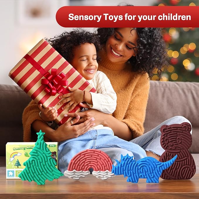 4Pcs Sensory Activity Board,Silicone Sensory Toys for Calming, Stress, Anxiety, ADHD, Autism,Fidget Toys for Inspire Kid's 3+ Creative Talents,Duble Sided Design Kids Busy Board