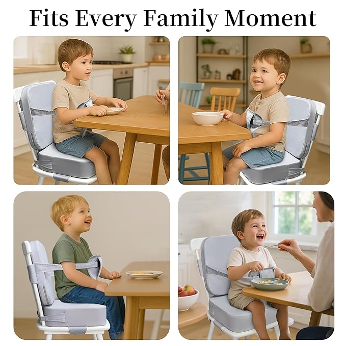 Toddler Booster Seat for Kitchen Chair and Dining Table, Non-Slip Cushion with Backrest, Adjustable Straps, Waterproof and Portable for Travel - Grey