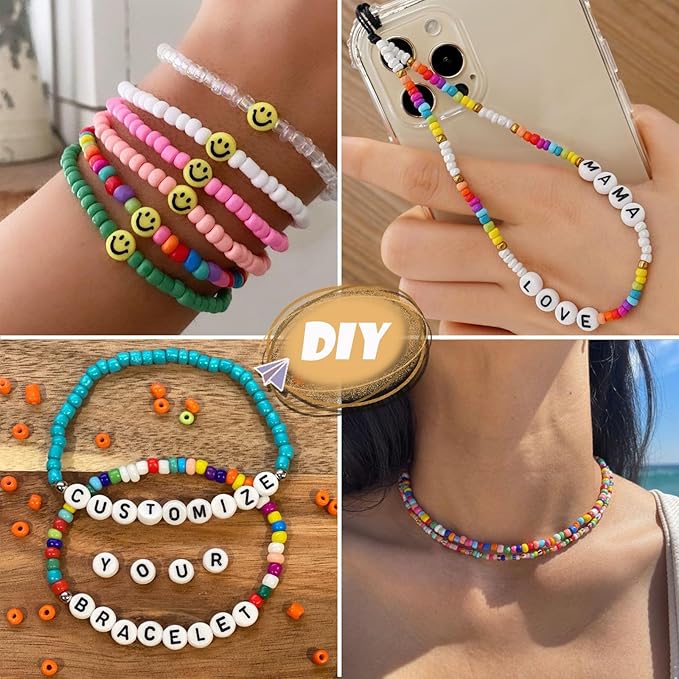 EFIVS ARTS Seed Beads 96 Colors 4MM Small Beads Kit Tiny Bracelet Waist Beads Set with Pendant Charms Letter Beads Kit for Concert Bracelets DIY Making