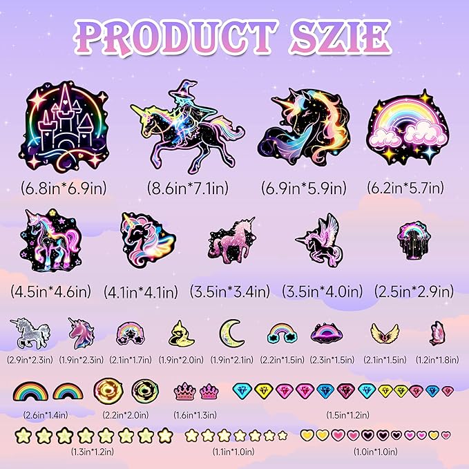 Glow in The Dark Unicorn Wall Decals, Neon Fantasy Rainbow Unicorn Wall Stickers for Girls Room, Colorful Diamond Star Love Room Decor, Baby Girl Boy Bedroom Ceiling Nursery Decoration