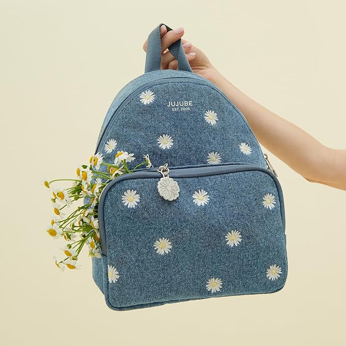 JuJuBe Mini Diaper Bag Backpack, Machine Washable Travel Backpack w/Adjustable Straps & 2 Pockets for Baby Bottles, Diapers, Pacifiers, Snacks, Changing Pad & Daily Essentials, Denim & Daisies (Blue)