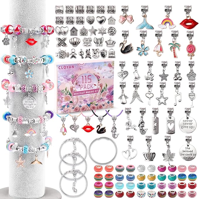 CLOYAN Charm Bracelet Making Kit for Girls, 115PCS Jewelry Making Kits for Girls with Beads, Jewelry Charms, String Necklace, Bracelets for DIY Craft, Jewelry Making Kit for Girls 8-12.