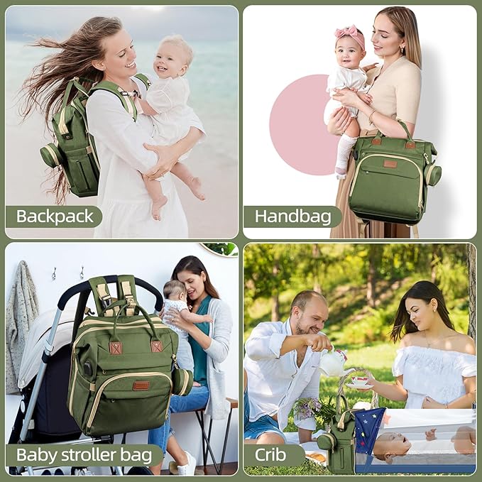 Baby Diaper Bag Backpack,Baby Shower Gifts, Multifunctional Travel Diaper Bag, Gifts for Mom with Portable Diaper Pad (Green)