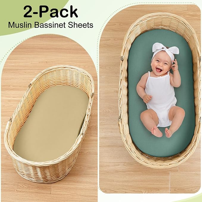 Baby Bassinet Sheets TPU Waterproof 2 Pack Soft Muslin Bedside Bassinet Mattress Sheets with Bottom Elastic Band for Baby Boy Girls Unisex Fit Hourglass Oval and Rectangle, Green Ivory
