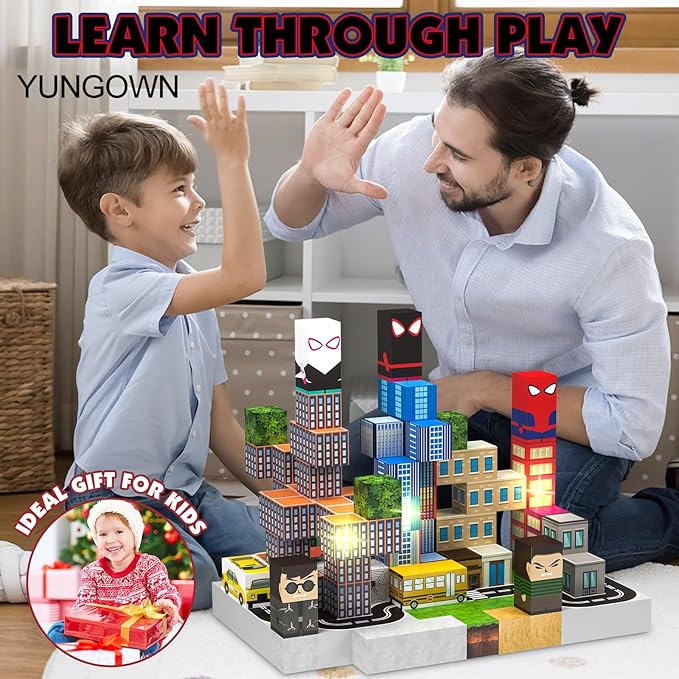 150 PCS Magnetic Blocks Building Toys Set, Spider Toys Light Up Magnetic Building Blocks for Boys Girls Ages 3+, 1 Inch Magnet Cubes STEM Sensory Construction Toy City Themes