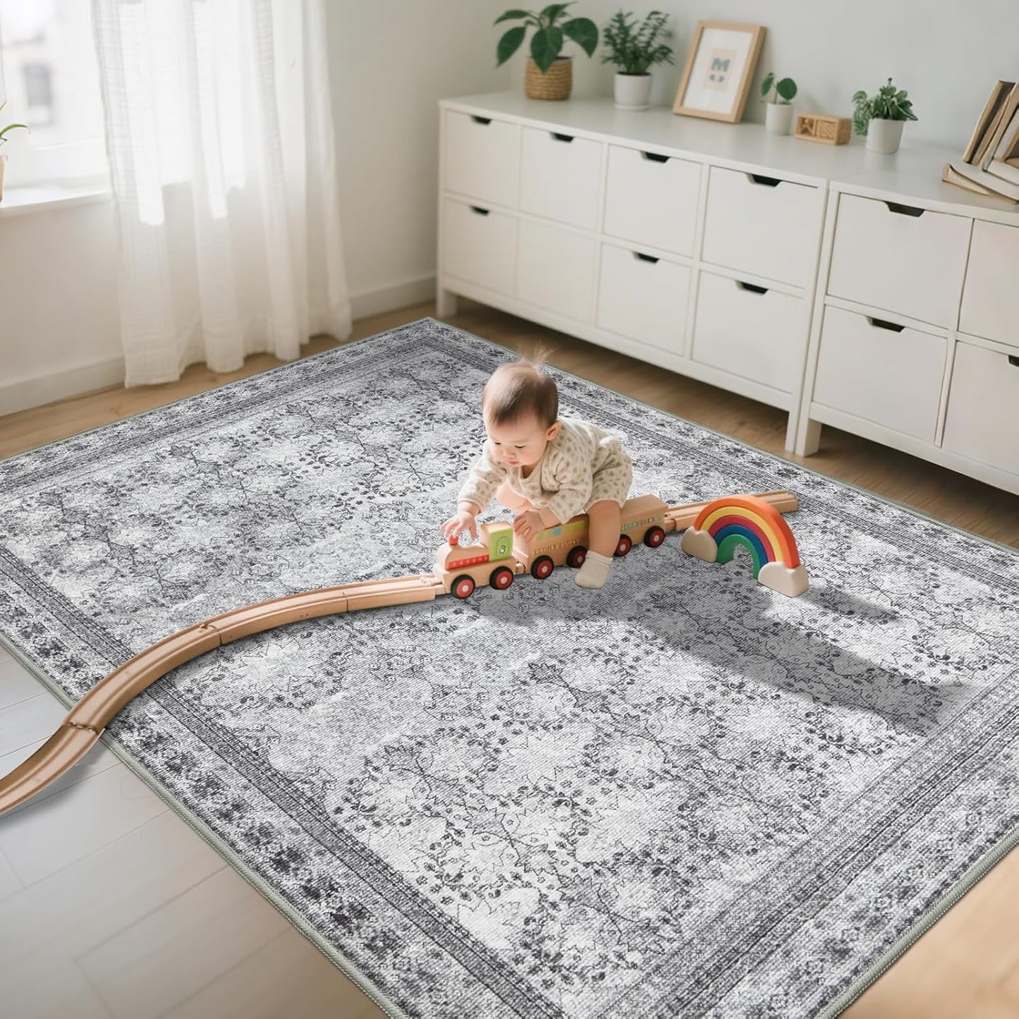 5x7 Washable Area Rug for Living Room Faded Grey, Non Slip Vintage Floral Bedroom Rugs Retro, Traditional Indoor Floor Carpet for Dining Room, Kitchen, Farmhouse, Office Classroom