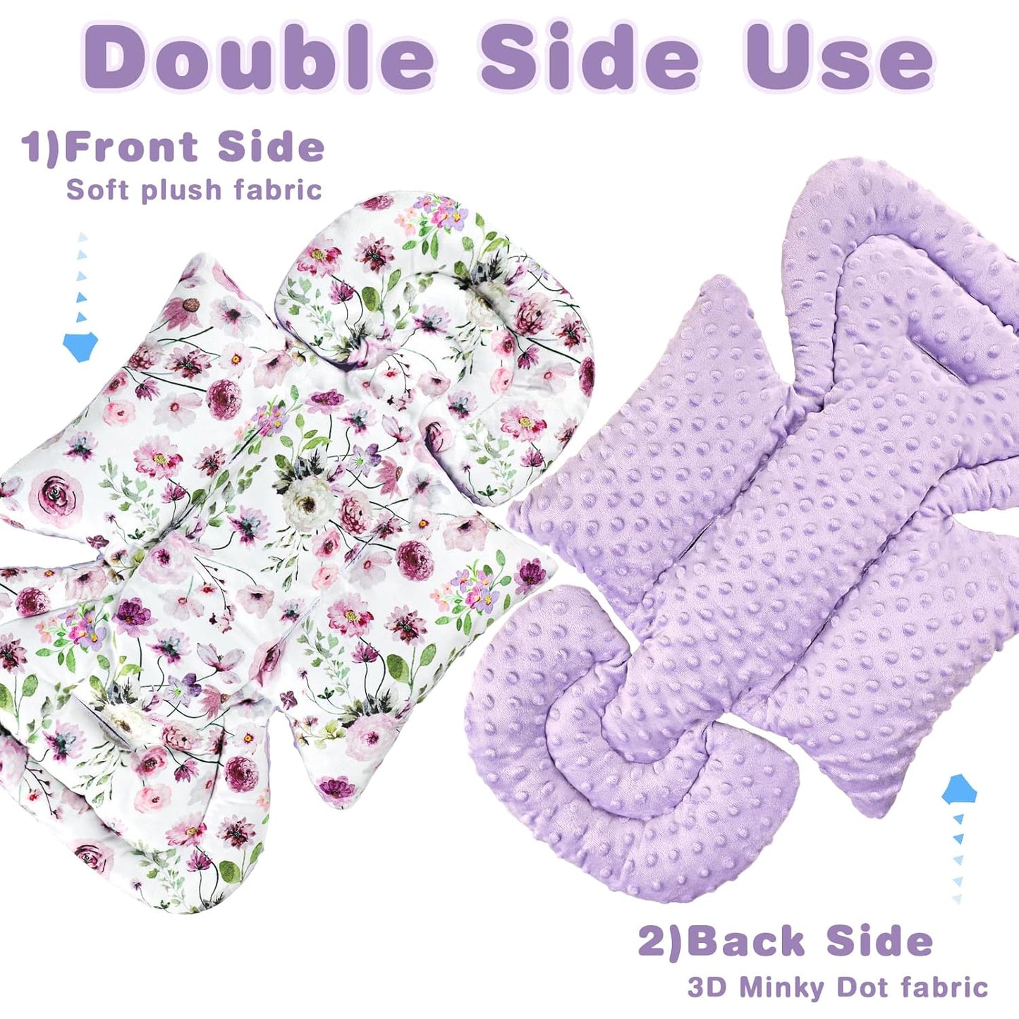 3-in-1 Infant Car Seat Insert, Soft Head and Body Support,Ultra & Strap Covers Set, Reversible Newborn Car Seat Cushion Pad for Baby Boy & Girl fits Stroller, Swing, Bouncer (Purple Flowers)