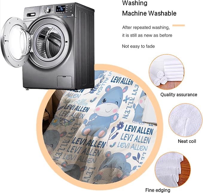 Personalized Baby Blanket for Girls Boys Kids Hippo Custom Baby Blanket with Name Throw Birthday Gift for Toddlers Infants Shower Newborns Nursery Stroller Crib Bed Decor