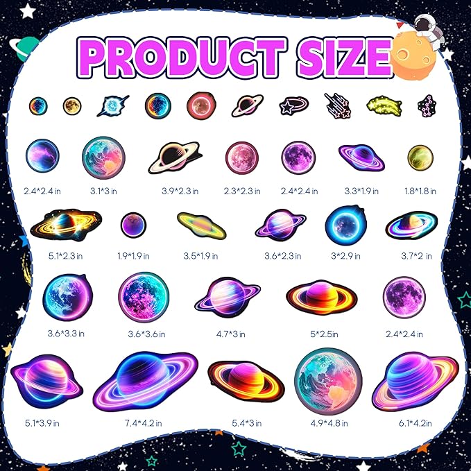 Glow in The Dark Neon Stars and Planets Wall Decals, Fantasy Colorful Space Stars Wall Stickers, Kids Room Space Decor, Ceiling Windows Nursery Living Room Playroom Bedroom Decorations