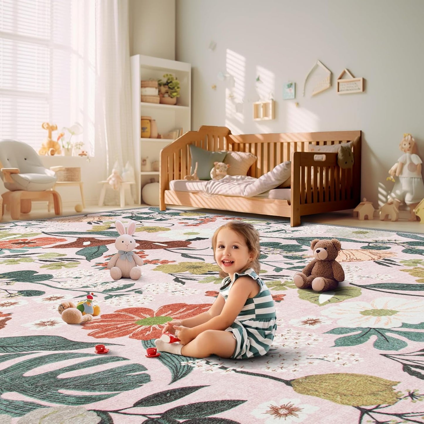 9x12 Area Rug for Living Room: Vintage Floral Washable Rug Soft Boho Non Slip Carpet Large Indoor Floor Non Shedding Low Pile Thin Carpets for Bedroom Dining Room Farmhouse Nursery Home Light Pink