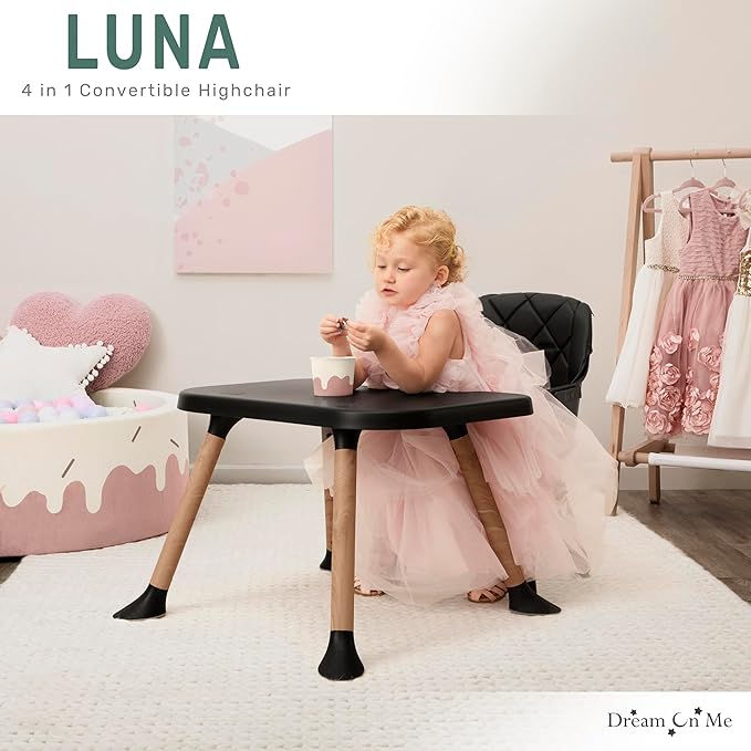 Dream On Me Luna 4-in-1 Convertible Baby High Chair in Black, Transforms into Booster, Toddler Seat & Table Set, Adjustable and Removable Tray Portable High Chair
