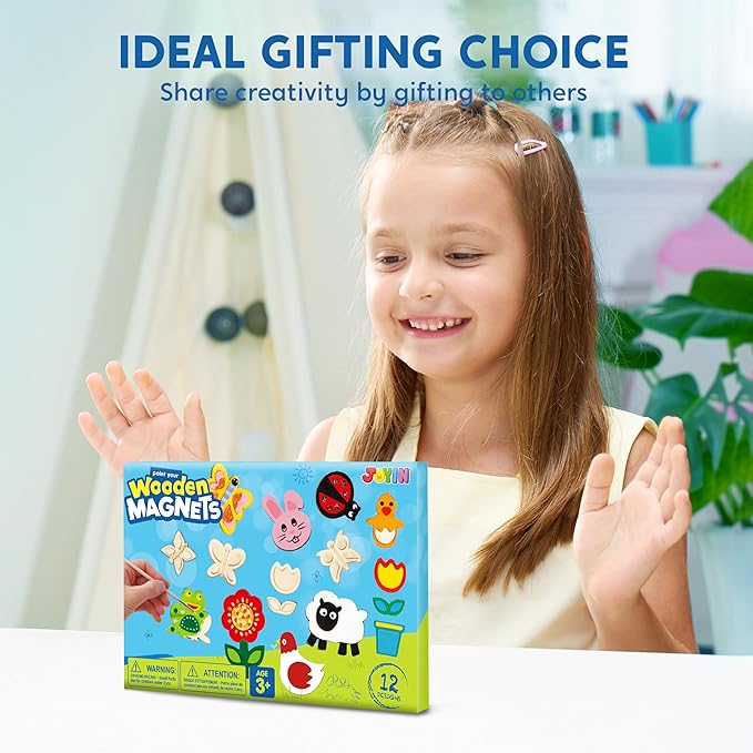 JOYIN 12 Wooden Magnet Creativity Arts & Crafts Painting Kit for Kids, Decorate Your Own Painting Gift for Halloween Crafts, Birthday Parties and Family Crafts, Party Favors for Boys Girls