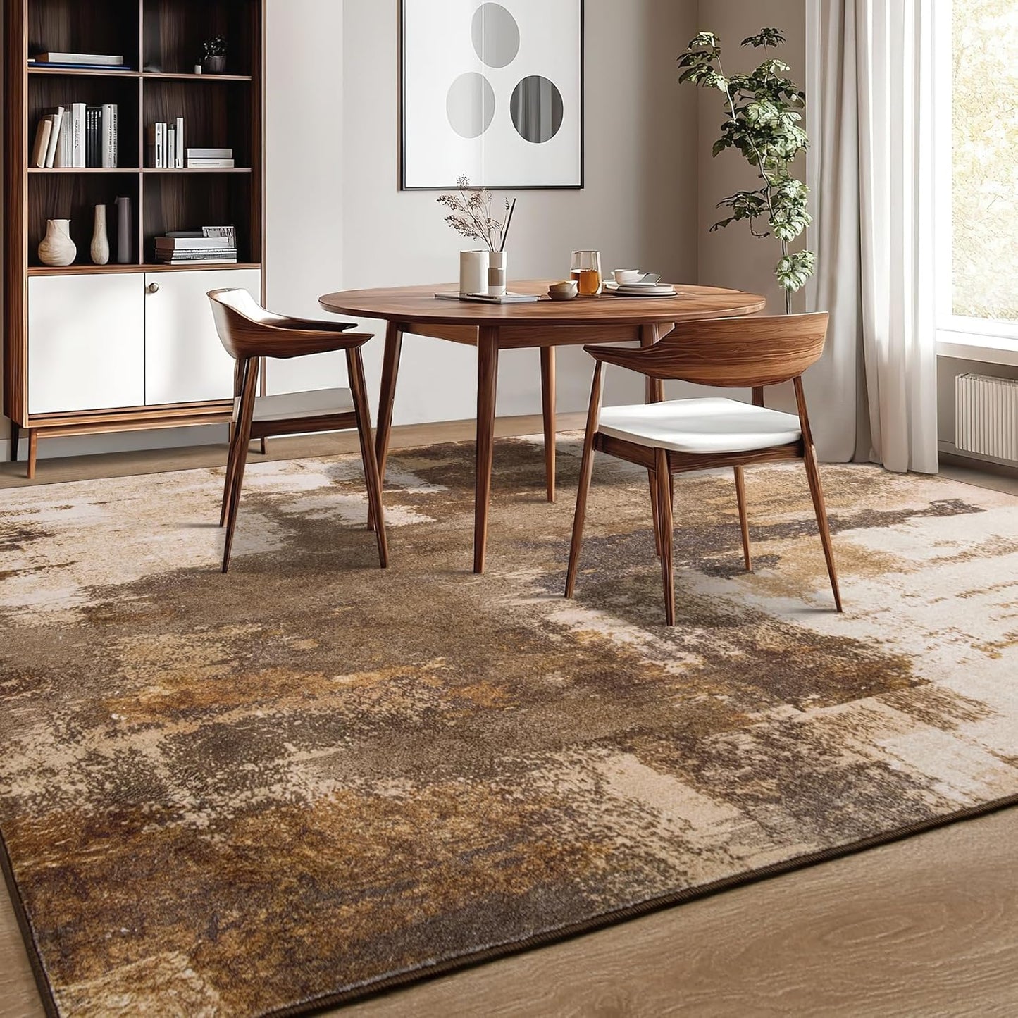 Kelarea Living Room Rug, 9x12 Rug Modern Abstract Washable Rugs, Brown Vintage Low Pile Carpet, Non Slip Large Rugs for Bedroom, Dining Room, College Dorm, Home Office