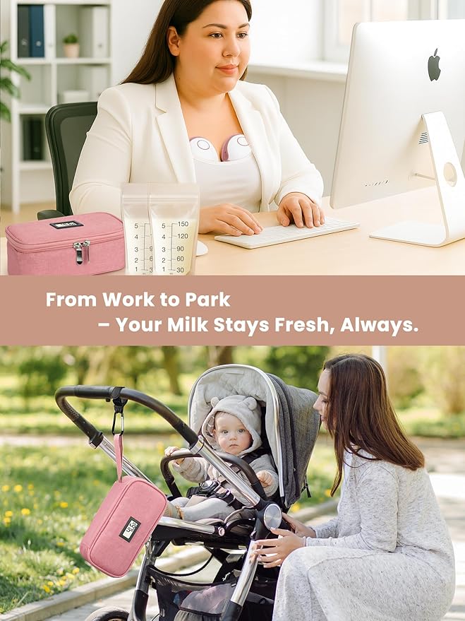 Breast Milk Cooler Travel Bag, Real-Time Temperature Display, Holds 4-6 Breastmilk Storage Bag with 2 Breast Milk Ice Pack, Cooling & Waterproof Portable Cooler for Moms on The Go(Pink)