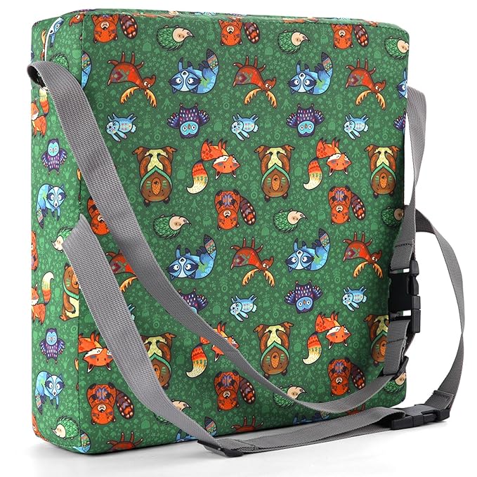 Zicac Portable Toddler Booster Seat for Dining Table, Safer Non-Slip Kids Booster Seat with Double Adjustable Straps, Washable Detachable Strong Support Increasing Cushion for Child (Animal Green)