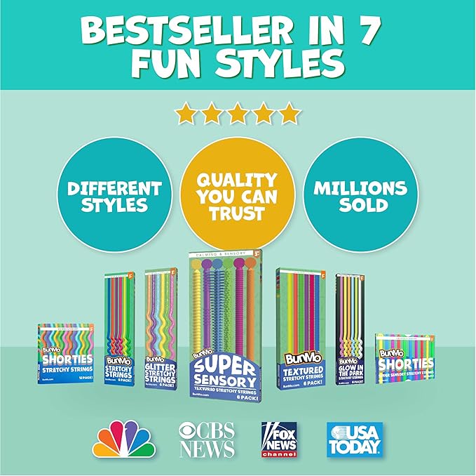 BUNMO Stretchy Strings - Sensory Toys - Stimulating & Fun Sensory Toys for Kids - Fidget Toy - Hours of Fun for Kids - Non-Mouthable Toy 3+ - Textured 6 Pack