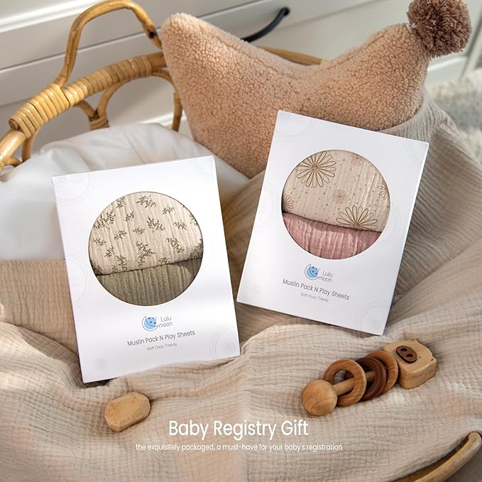 lulumoon Pack N Play Sheets Muslin: Cotton Fitted Sheets for Pack and Play Mattress - Soft Playard Sheets for Boys and Girls