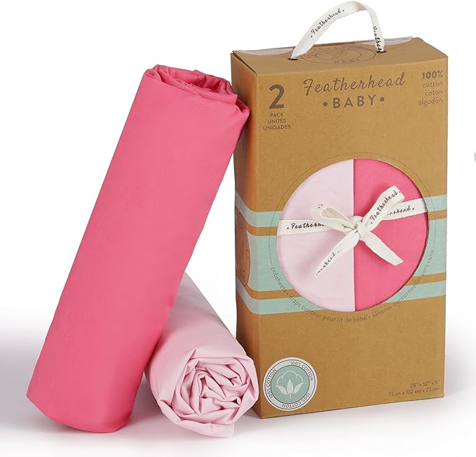 Featherhead™ 2-Pack Fitted Crib Sheets - 100% Cotton - 52" x 28" x 9" for Standard Crib and Toddler Mattress (Percale Pink)