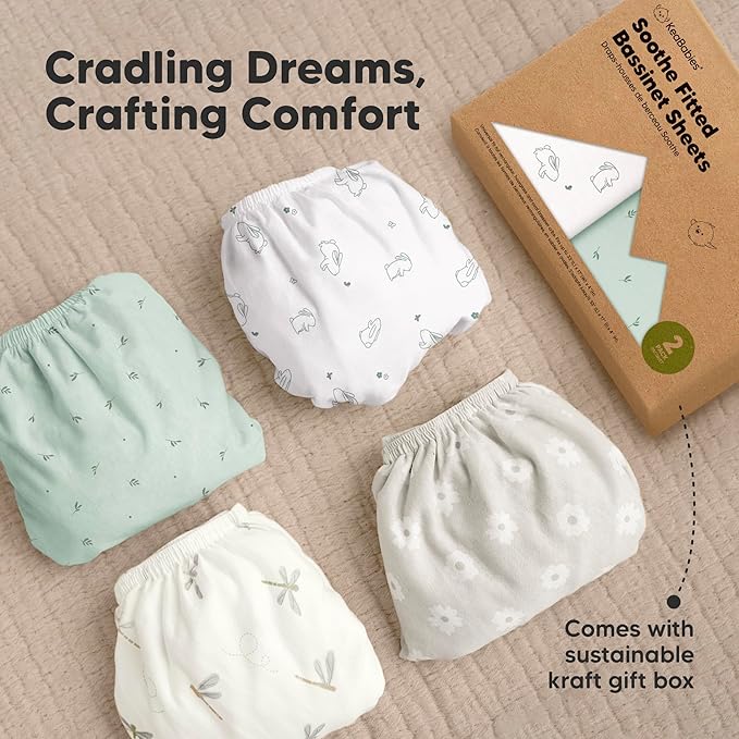 2-Pack Organic Bassinet Sheets for Girls, Boys - 100% Cotton Bassinet Mattress Sheets Compatible with Halo Bassinest Swivel Sleeper, Graco, Baby Delight, Chicco,Unisex Fitted Bassinet Sheets(Bunnies)