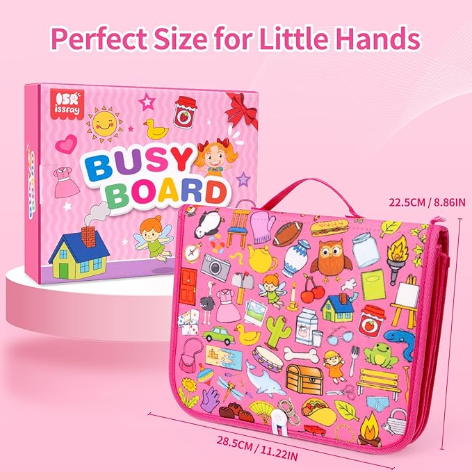 12-Page Toddler Busy Board Montessori Toys, Busy Book for Toddlers, Girl Birthday Gift,Toddler, 24 in 1 Activity Sensory Toys for Motor Skills, Travel Toy for Car Airplane (Pink)