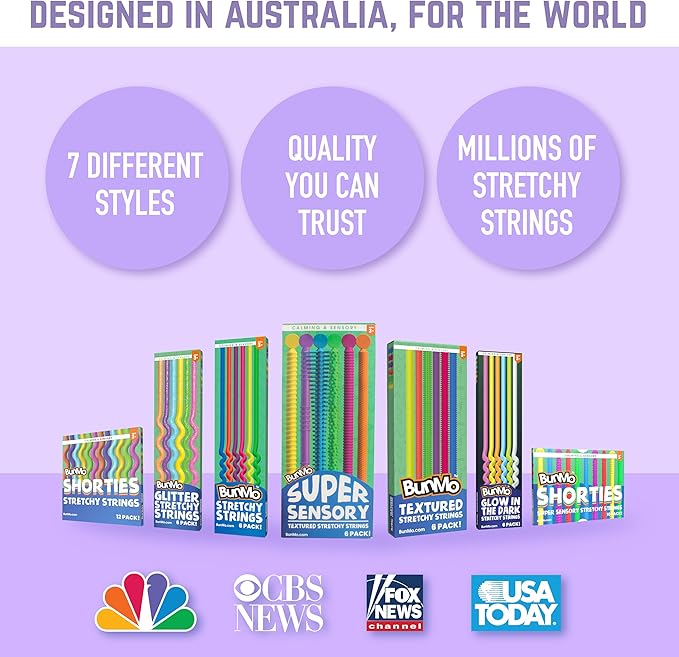 BUNMO Stretchy Strings - Stimulating & Fun Fidget Toys for Kids - Hours of Fun - Non-Mouthable Toy 3+ - Super Sensory 6 Pack