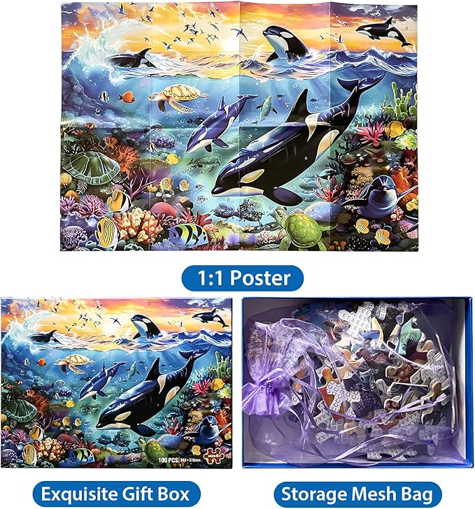 100 Piece Puzzles for Kids Ages 6-8 8-10 - Killer Whales Orca - 100 Piece Jigsaw Puzzle for Senior Ocean Jigsaw Puzzle for Toddler Children Learning Educational Puzzles Toys for Boys and Girls