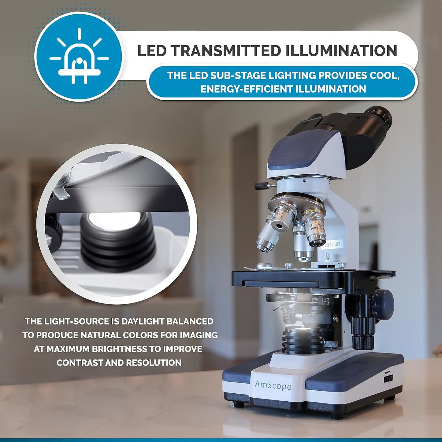 AmScope B120C-WM-BS Siedentopf Binocular Compound Microscope, 40X-2500X Magnification, Brightfield, LED Illumination, Abbe Condenser, Double-Layer Mechanical Stage, Includes Book, 50 Blank Slides, and 100 Coverslips
