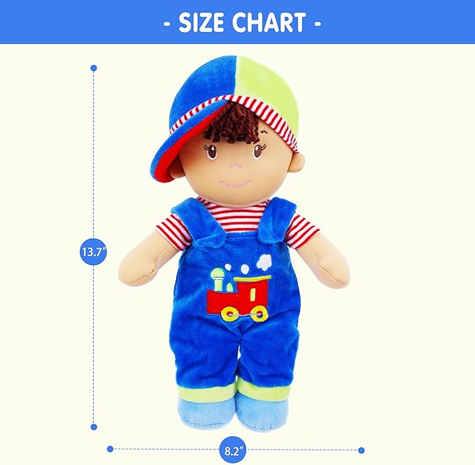 June Garden 13.5" Soft Dolly Milo - Stuffed Soft Baby Boy Doll for Birth and Up - Blue Outfit