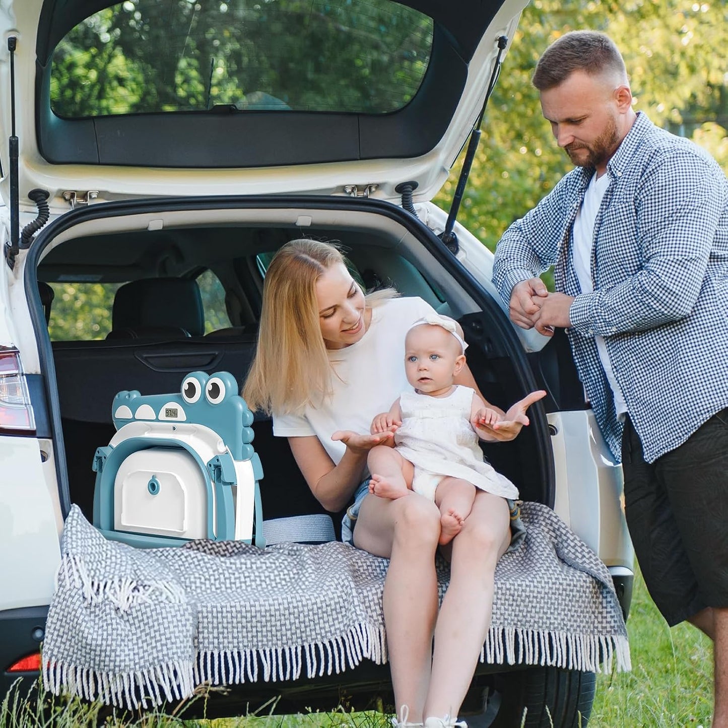 Collapsible Baby Bathtub for Newborn, Foldable Baby Bath Tub with Thermometer & Soft Floating Cushion & Drain Hole, Portable Travel Infant Bath Tubs for Newborns to Toddler 0-36 Months Girl, Blue