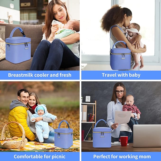 Mancro Breastmilk Cooler Bag with Ice Pack Fits 6 Baby Bottles Up to 9 Ounce, Insulated Baby Bottle Bag with Strap for Nursing Mom Daycare, Blue