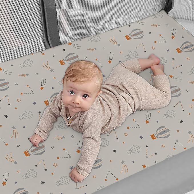 Pack n Play Sheets, BROLEX 2 Pack Mini Crib Sheets,Stretchy Portable Fitted Playard Sheet Set, Convertible Playard Mattress Cover,Ultra Soft Breathable Material,Starsmoon Balloon