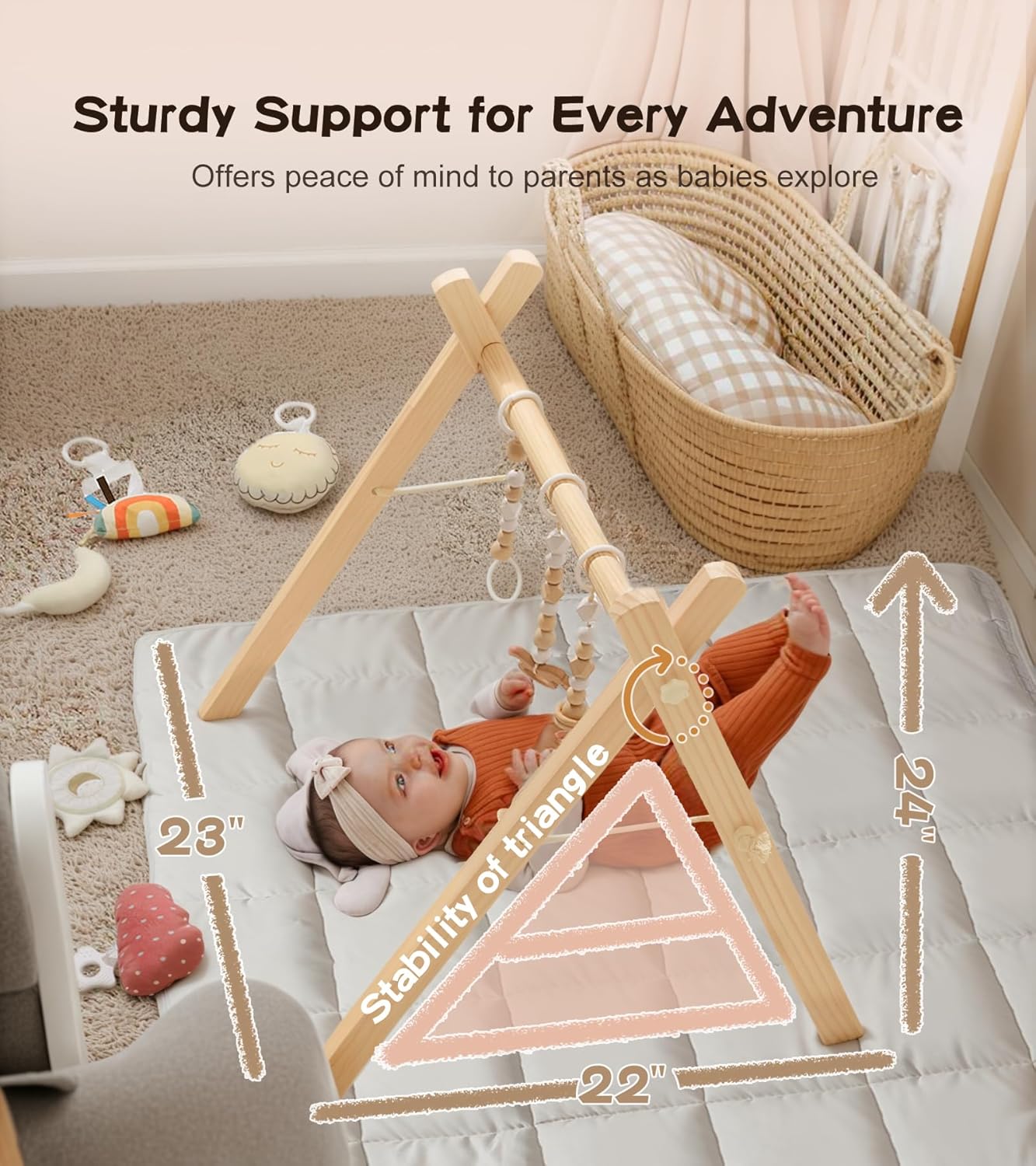 Baby Gym with Mat, Wooden Play Gym with 9 Sensory Toys, Foldable Baby Play GymFrame Activity Center, Natural Pine Wood, Montessori Toys, Easy to Assemble & Clean, Natural Color