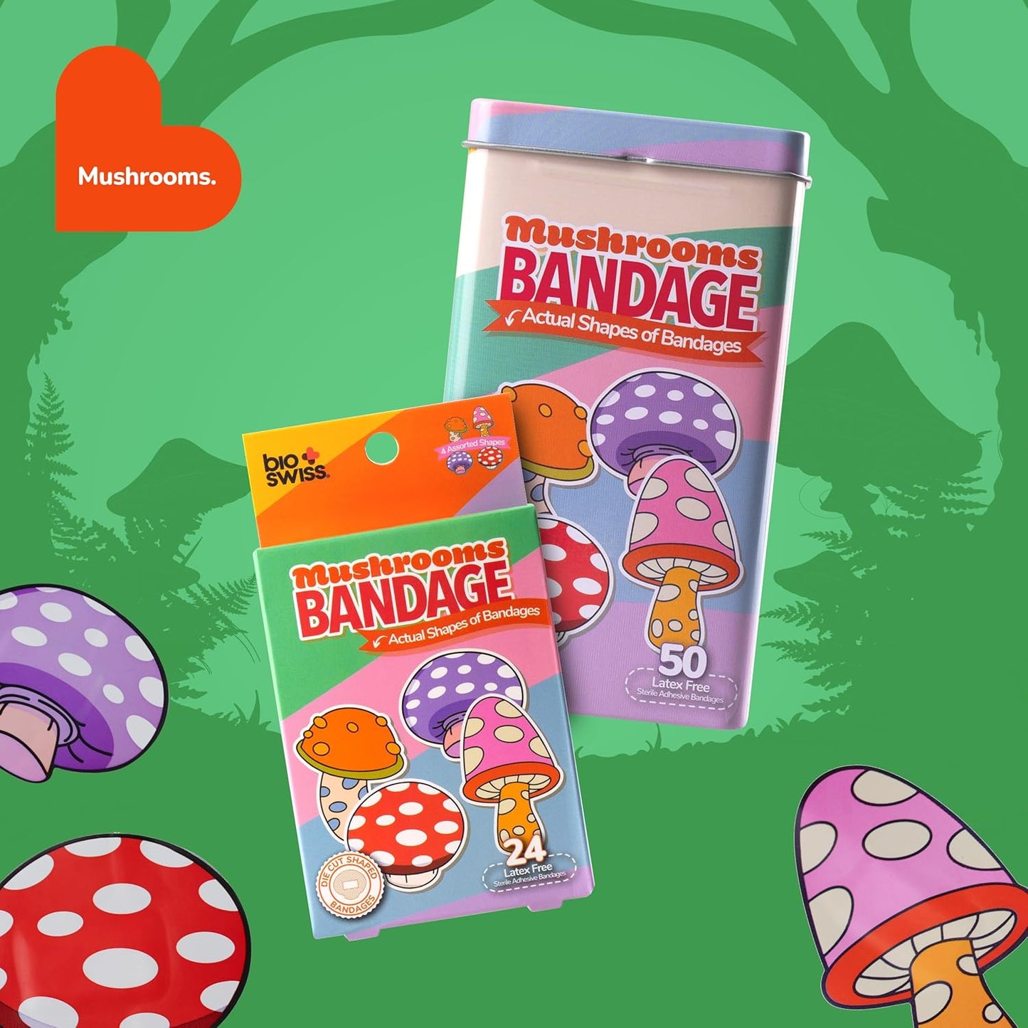 BioSwiss Bandages, Mushroom Shaped Self Adhesive Bandage, Latex Free Sterile Wound Care, Fun First Aid Kit Supplies for Kids and Adults, 24 Count