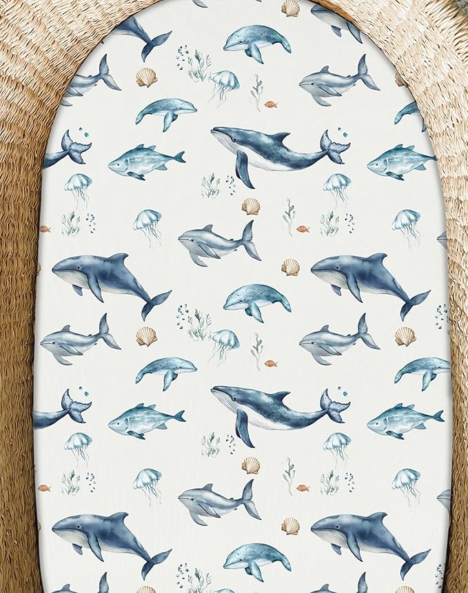 Bassinet Sheets for Baby Girls Boys 2 Pack, Fitted Baby Mattress Sheet for Rectangle, Oval, Hourglass Bassinet Mattress, Breathable Cozy & Universal Fit (Elephant Dream)