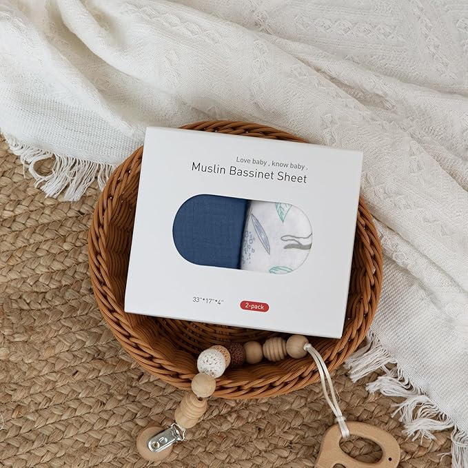 Muslin Bassinet Fitted Sheets, 2 Pack for Baby Boy and Girl, Soft Breathable Baby Pad/Mattress Sheet, Fit for Hourglass Oval and Rectangle Bassinet Mattress (Blue Deer)