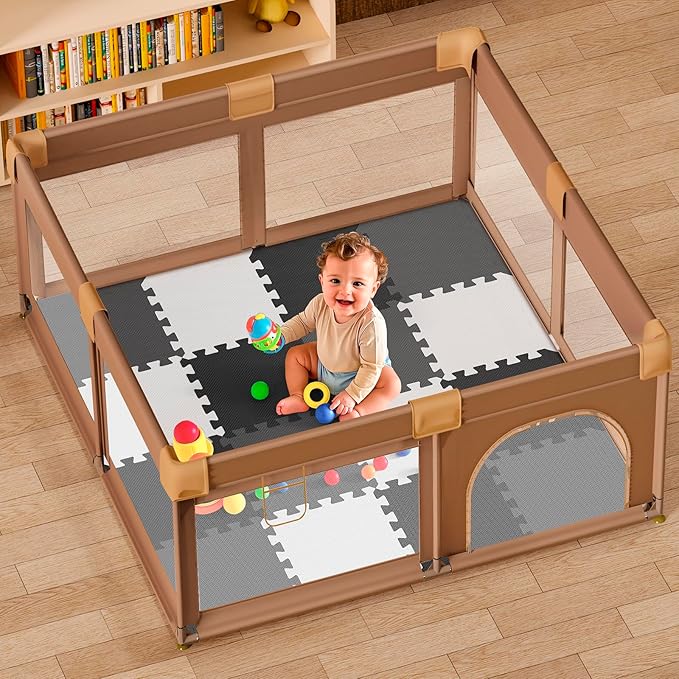 16 Tiles Baby Play Mat for Floor, EVA Foam Baby Floor Play Mat with 0.6 Inch Thick Interlocking Foam Tiles, Foam Floor Tiles for Baby, Toddlers and Kids (Gray-White- Black, 16PCS)