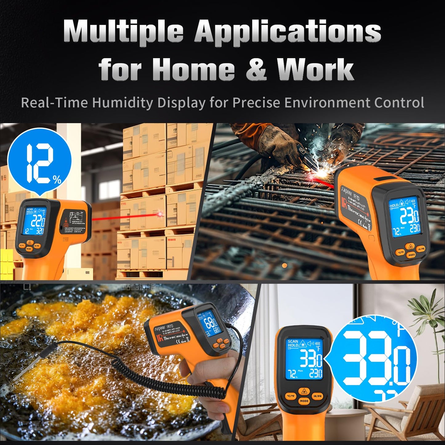 Dual-Mode Infrared Thermometer Gun,-58°F to 1472°F Laser Temp Gun, -58°F to 572°F K‑Type Probe with Humidity Display, 12:1 D:S