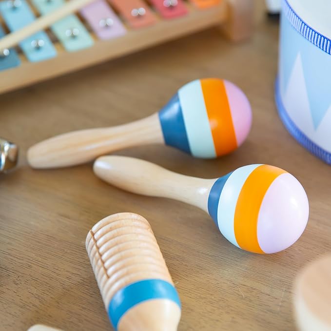 Baby Wooden Musical Instruments Set -7 PCS Montessori Percussion Toys for Toddlers & Kids - Safe Natural Wood Waldorf Toys for Hand-Eye Coordination, Sensory Play & Screen-Free Family Fun