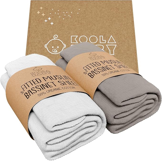 Bassinet Fitted Sheets - Compatible with Amke, Ronbei, Pamobabe, and Nordmiex | 100% Organic Muslin Cotton - White + Grey | 32x19 (2 Pack)