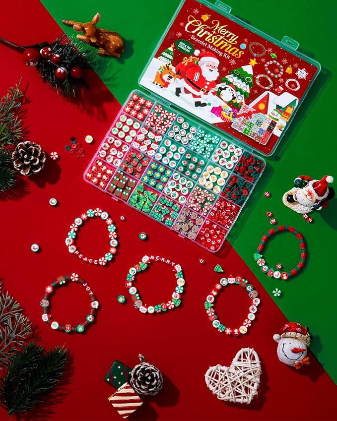 Christmas Polymer Clay Beads, 10mm Heishi Spacer Beads for Jewelry Making, Mixed DIY Crafts Supplies for Bracelet, Necklace, Earrings, Hair Accessories and Holiday Crafts